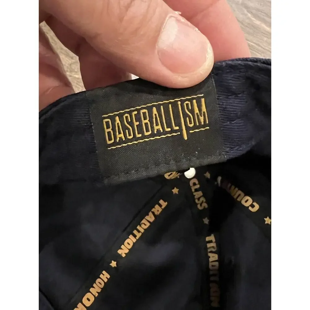 Baseballism Mens Navy Blue Beantown Spellout Adjustable Leather Strapback Hat